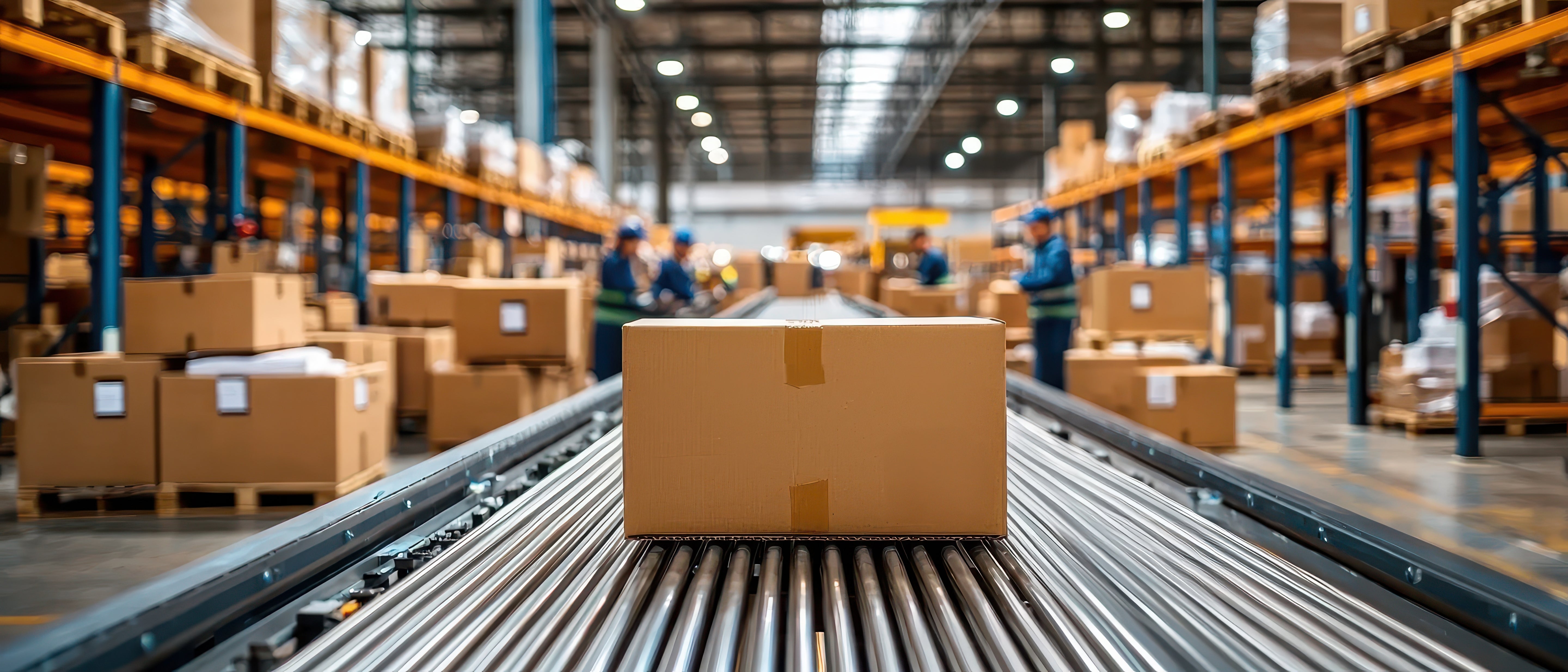 Cardboard box on a conveyor belt in a warehouse owned by private equity firm