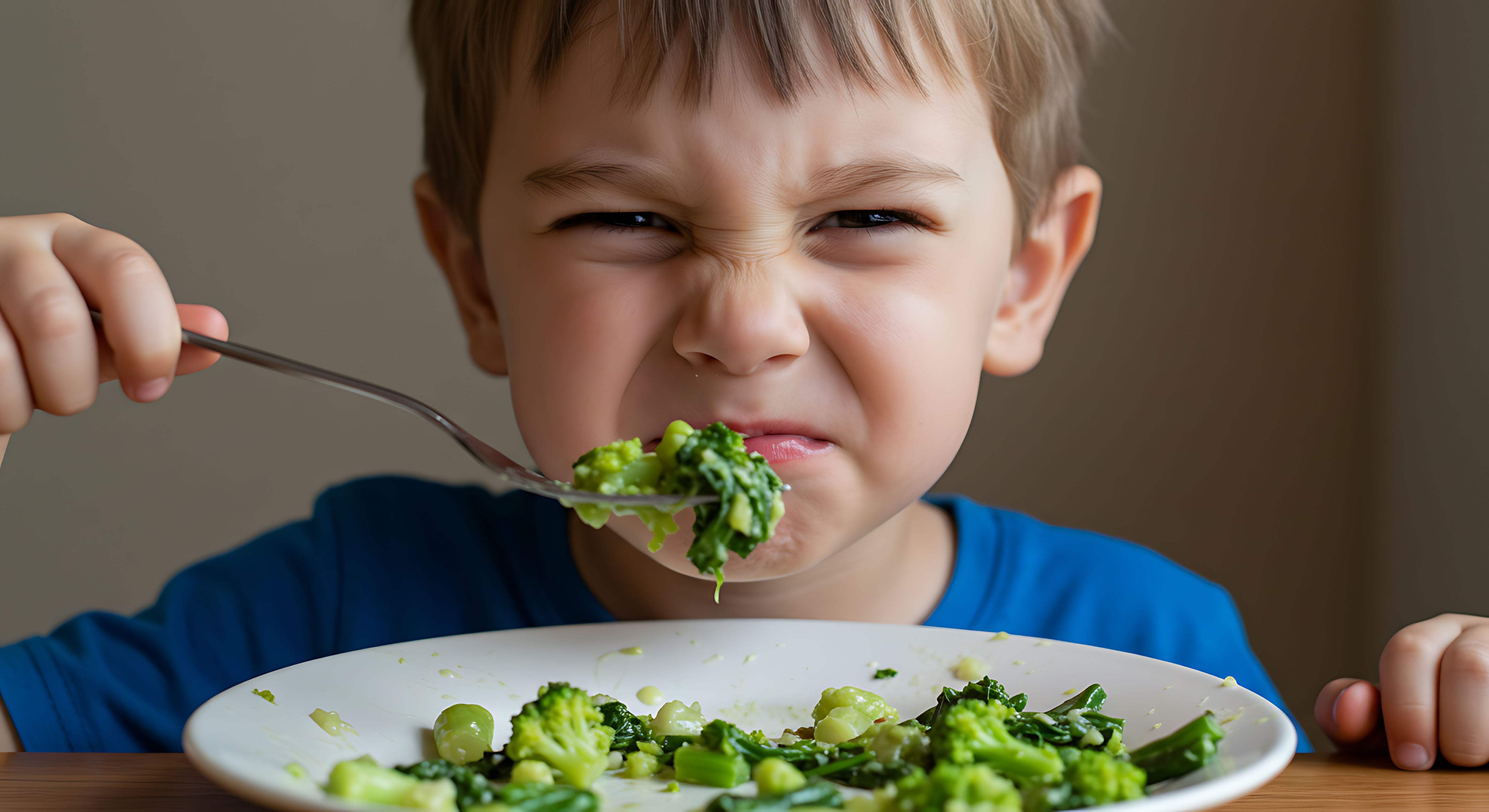 Child frowning at the sight of broccoli, holding it with a fork